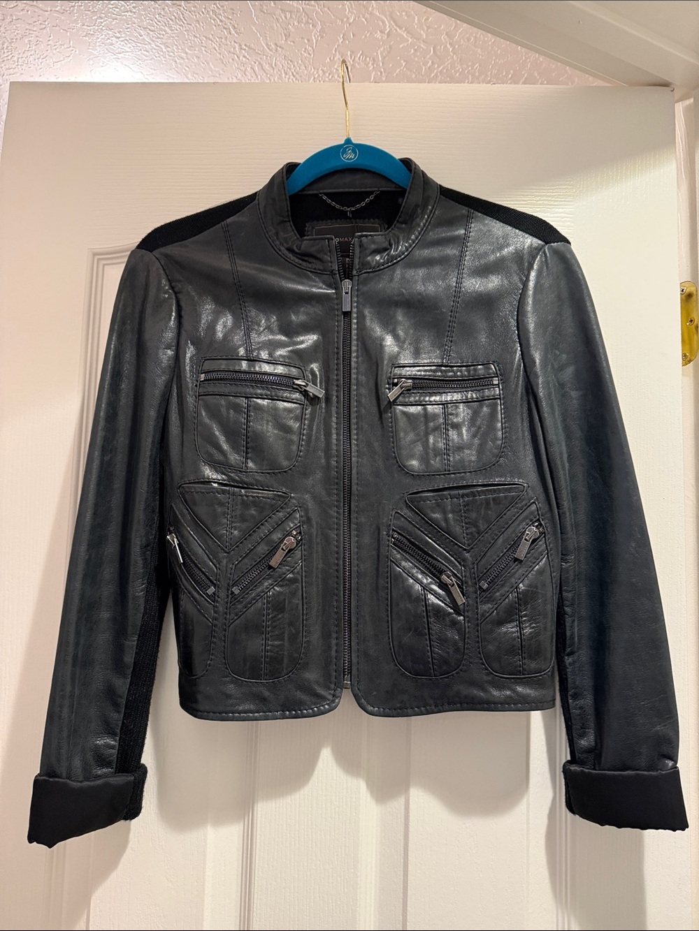 BCBGMaxAzria Black Leather Bomber Jacket with Zip Pockets